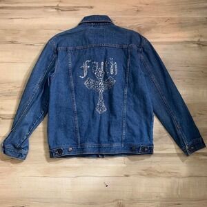 Real Work Wear Blue Denim Rhinestone Faith Cross Jacket Women L 14-16